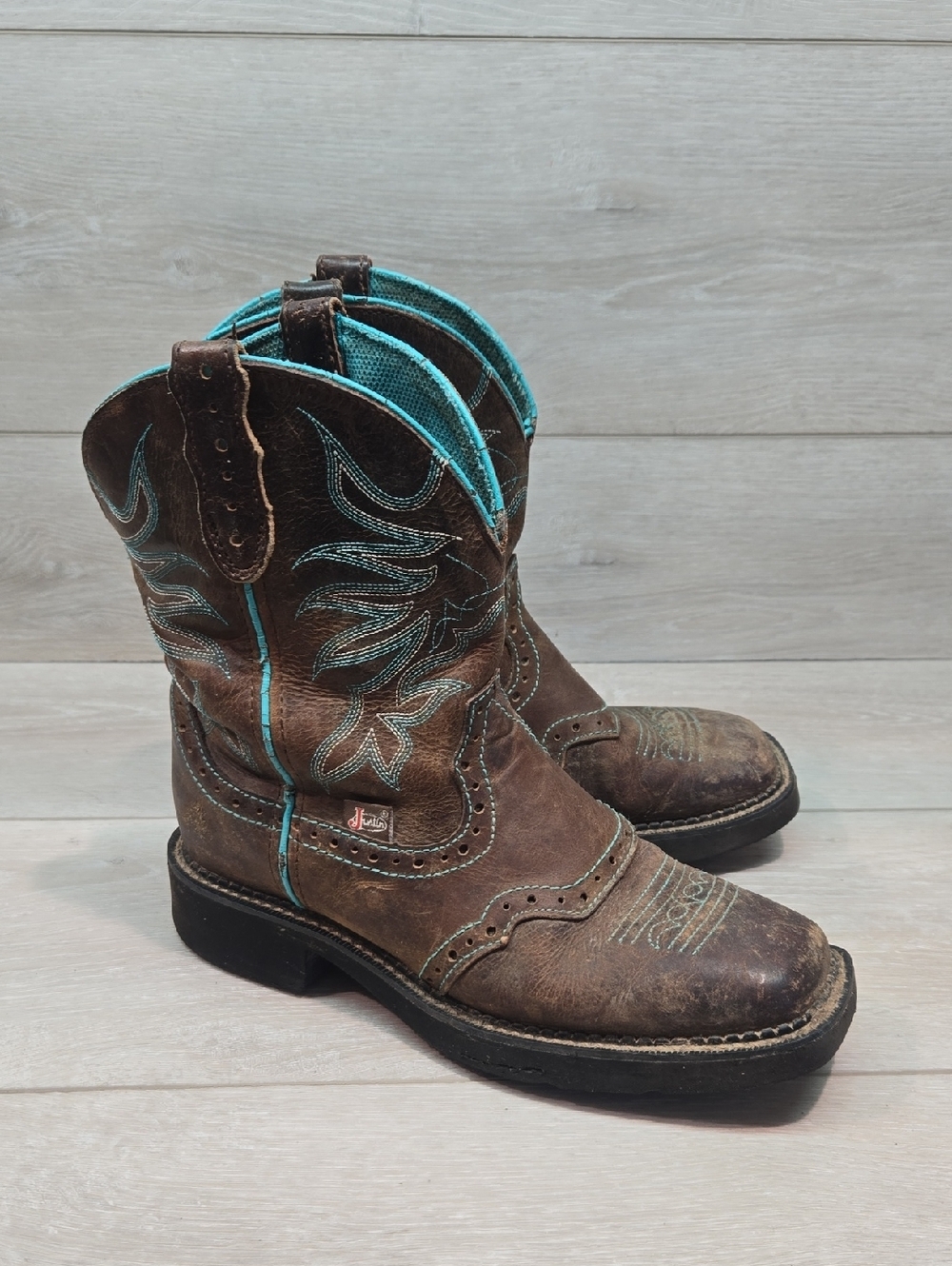 Justin Women L624 Brown Leather Western Boots Turquoise Stitching Shoes 6.5B